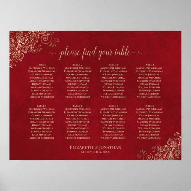 8 Table Red & Gold Lace Wedding Seating Chart (Front)