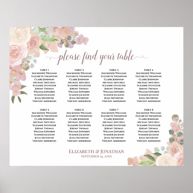 8 Table Rustic Pink Floral Wedding Seating Chart (Front)
