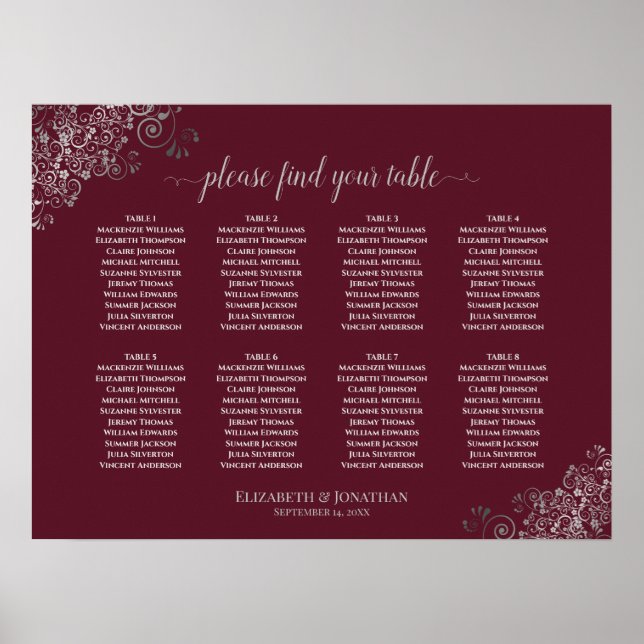 8 Table Silver Lace Burgundy Wedding Seating Chart (Front)
