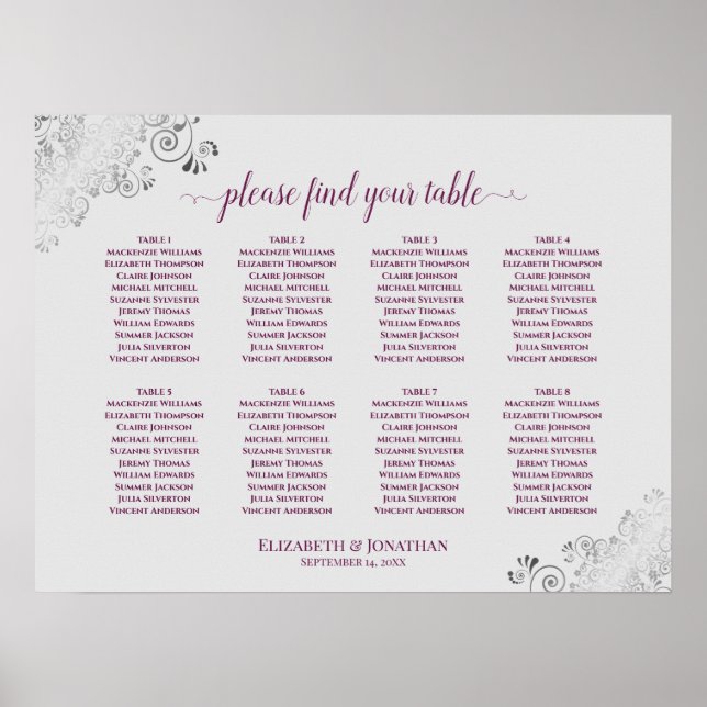 8 Table Wedding Seating Chart Cassis Purple & Gray (Front)