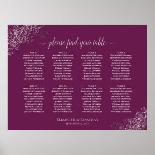 8 Table Wedding Seating Chart Silver on Cassis