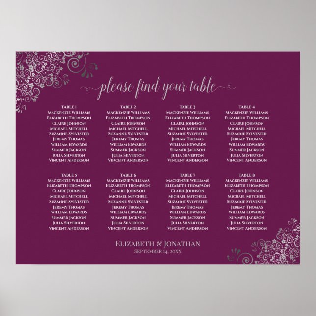 8 Table Wedding Seating Chart Silver on Cassis (Front)