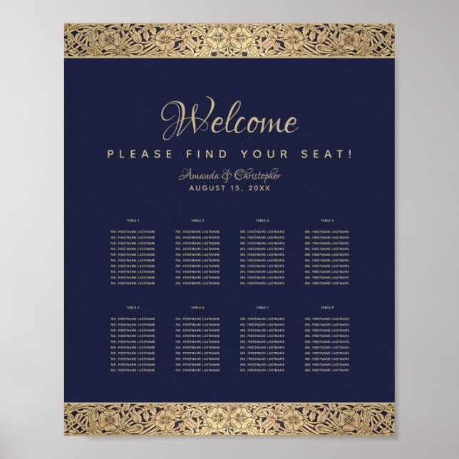8 Tables Navy Blue Wedding Seating Chart Gold Rose (Front)