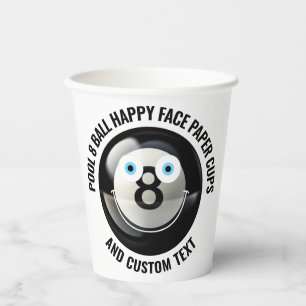 8 x Custom Pool 8 Ball Party BLUE EYES Happy Face Paper Cups