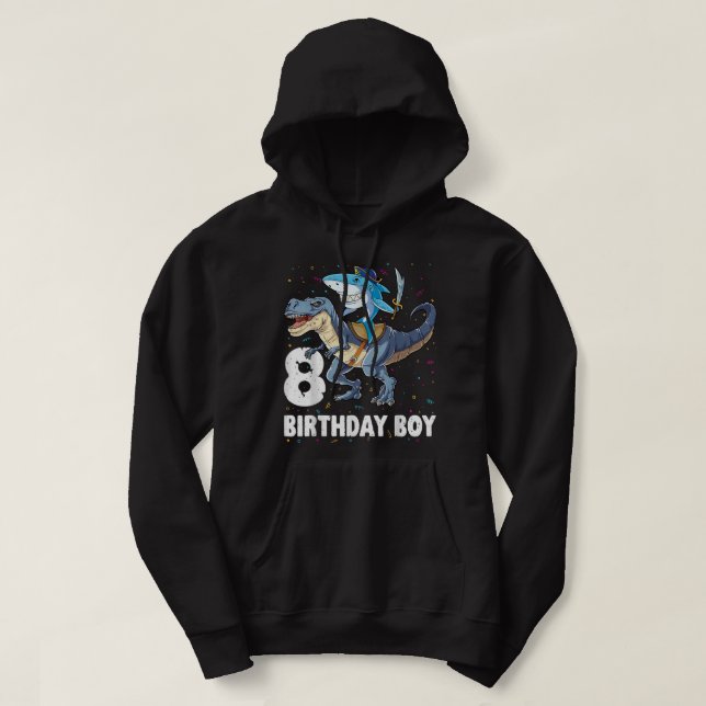 8 year old  8th Birthday Boy Shark Dinosaur Pirate Hoodie (Design Front)
