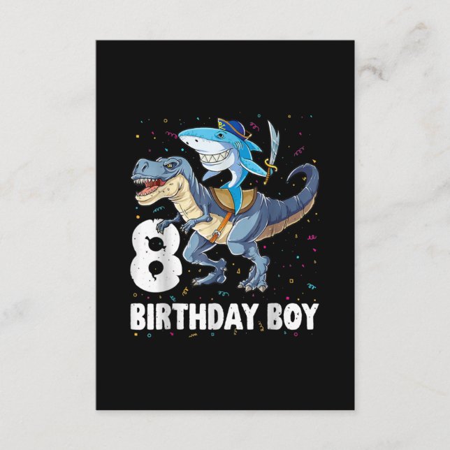 8 year old, 8th Birthday Boy Shark Dinosaur Prirat Enclosure Card (Front)