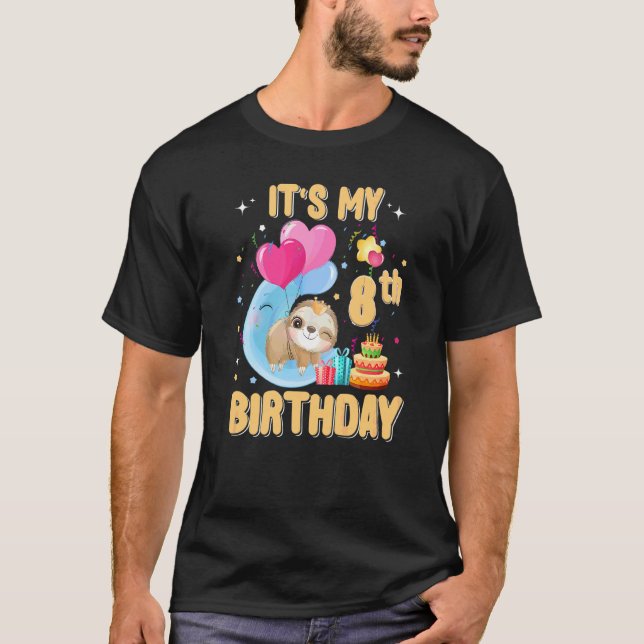 8 Year Old Sloth 8th Birthday Girl Party Cute Slot T-Shirt (Front)