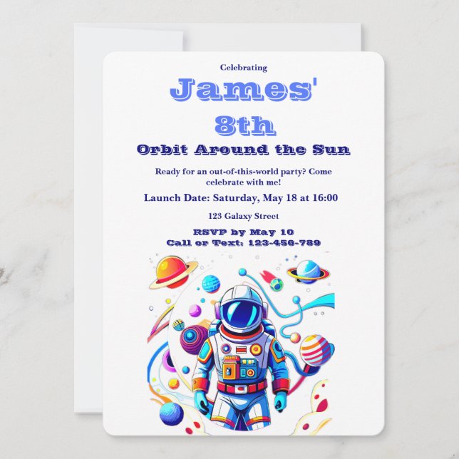 8 Year Old Space Birthday Custom Astronaut Orbit  Invitation (Front)