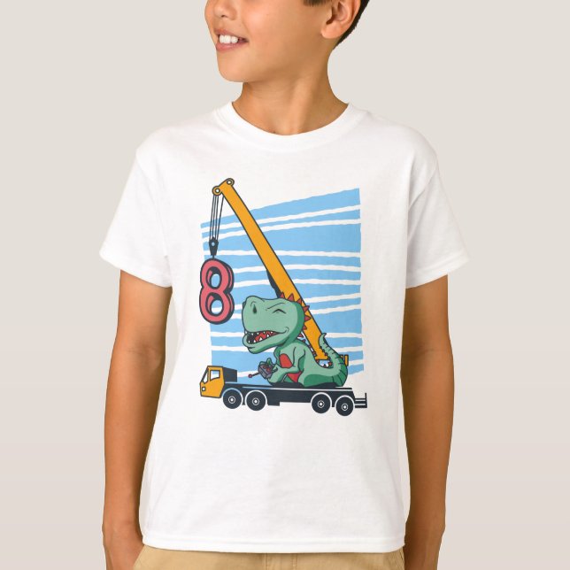 8 years 8th Birthday Mobile Crane Dinosaur T-Shirt (Front)