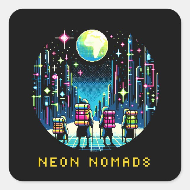 8bit Neon Nomads - Cyberpunk City Adventure Square Sticker (Front)
