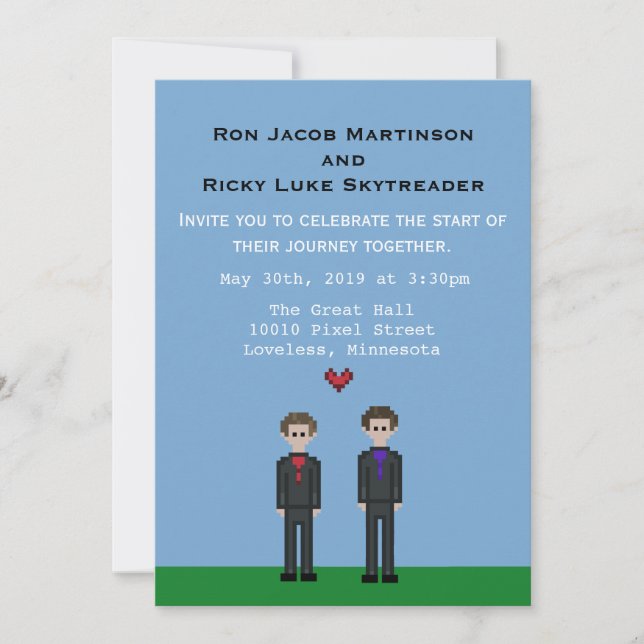 8bit Pixel Gay Gamer Groom & Groom Wedding Invite (Front)