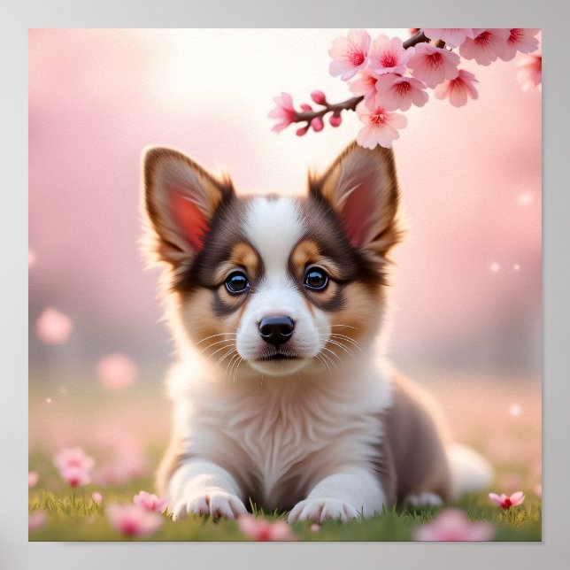 8K Corgi-Realistic Puppy in Autumn Maple Leaves Poster (Front)