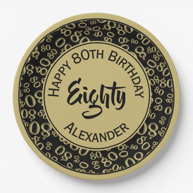 8Oth Birthday Random Number Pattern Black/Gold Paper Plate (Front)