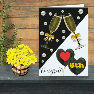 8th Anniversary Card–Pearl, Wine Glasses & Hearts Card