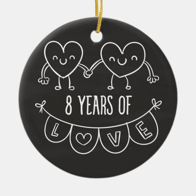8th Anniversary Gift Chalk Hearts Ceramic Tree Decoration (Front)