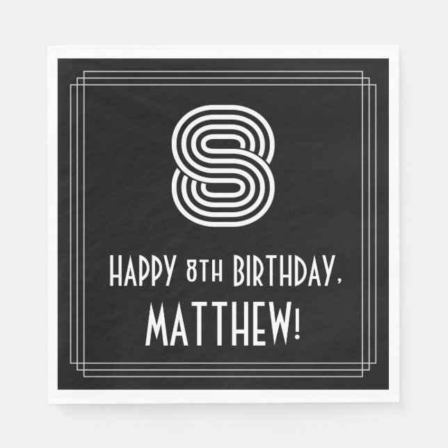 8th Birthday: Art Deco Inspired Look "8" + Name Napkin (Front)