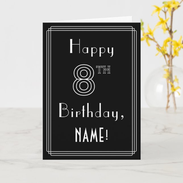 8th Birthday: Art Deco Style # 8 & Custom Name Card (Yellow Flower)