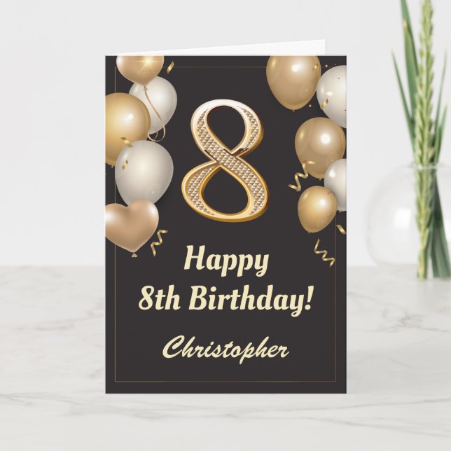 8th Birthday Black and Gold Balloons Confetti Card (Front)