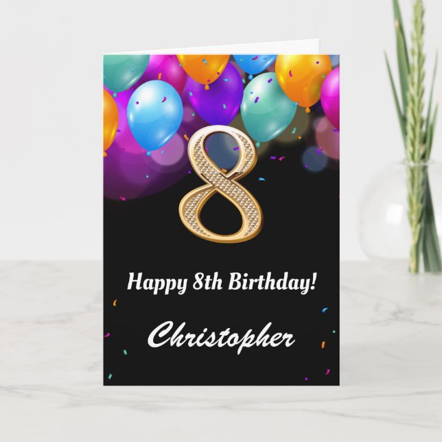 8th Birthday Black and Gold Colourful Balloons Car Card (Front)