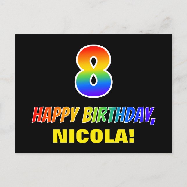 8th Birthday: Bold, Fun, Simple, Rainbow 8 Postcard (Front)