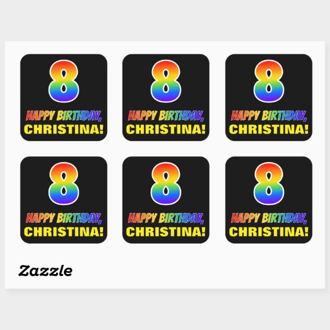 8th Birthday: Bold, Fun, Simple, Rainbow 8 Square Sticker (Sheet)