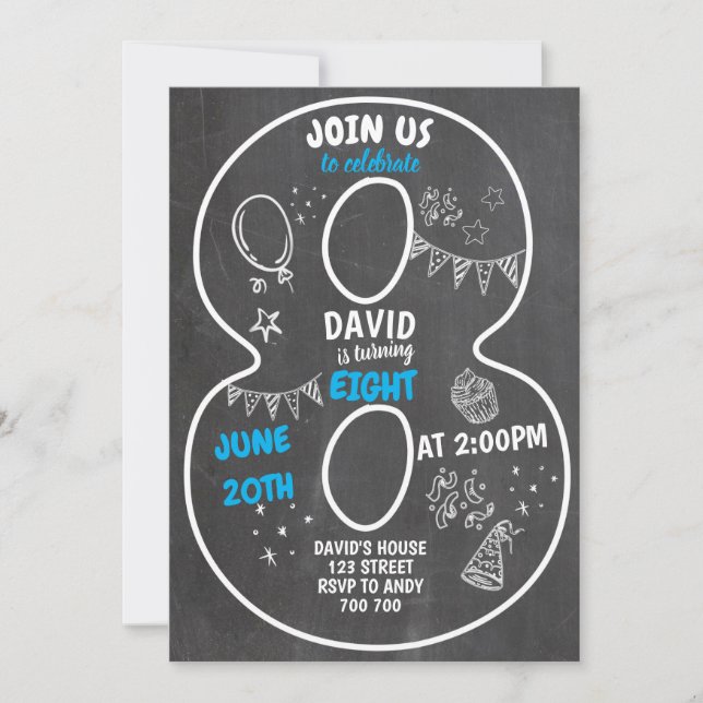 8th Birthday Boy Chalkboard Number Blue Invitation (Front)
