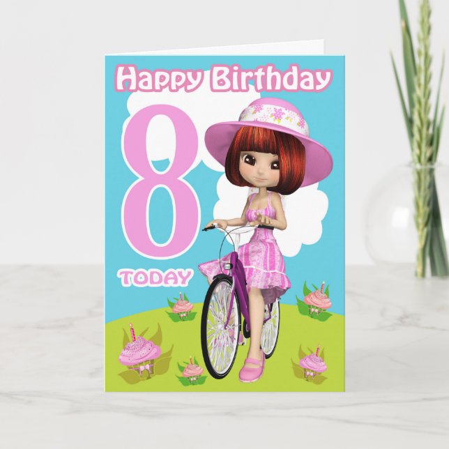8th Birthday Card Pretty Little Girl On A Bicycle (Front)