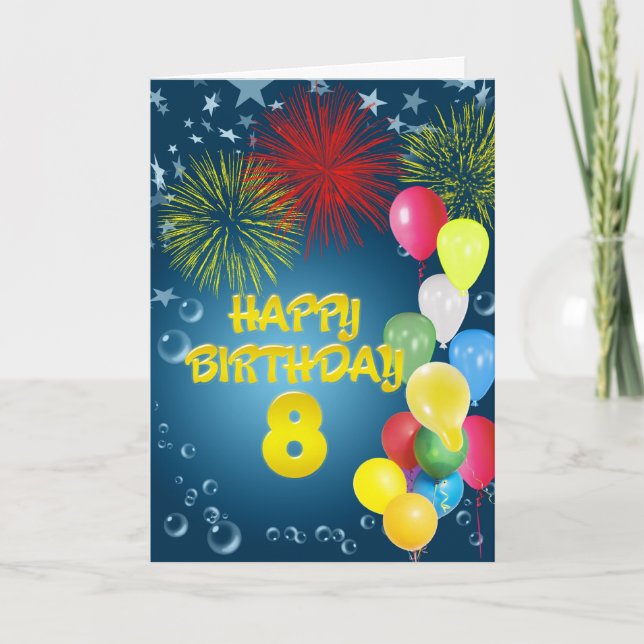 8th Birthday card with fireworks and balloons (Front)