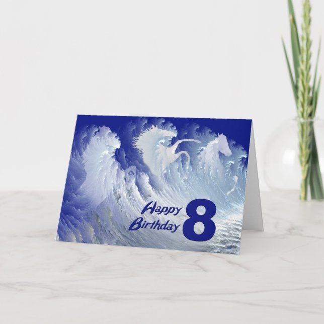8th birthday card with wild white surf horses (Front)