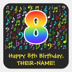 8th Birthday: Colorful Music Symbols, Rainbow 8 Square Sticker