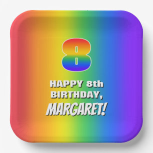8th Birthday: Colourful, Fun Rainbow Pattern # 8 Paper Plate