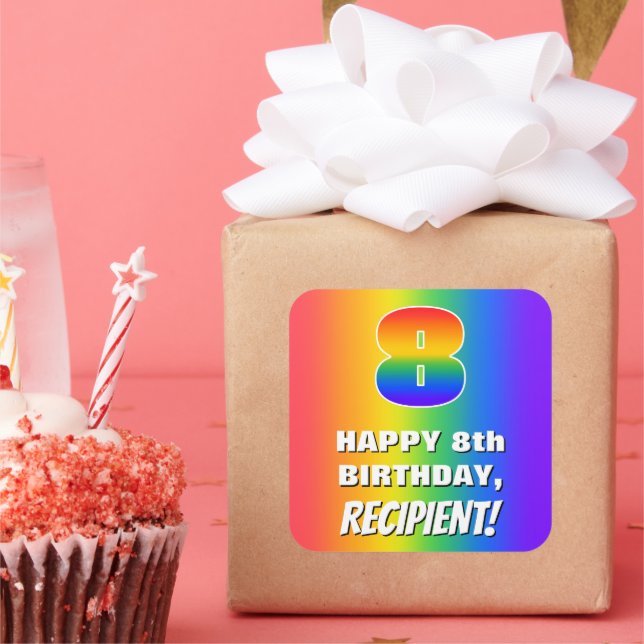 8th Birthday: Colourful, Fun Rainbow Pattern # 8 Square Sticker (Party)
