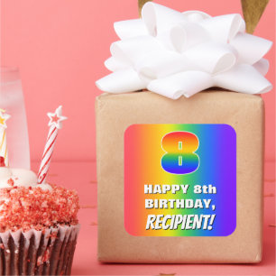 8th Birthday: Colourful, Fun Rainbow Pattern # 8 Square Sticker