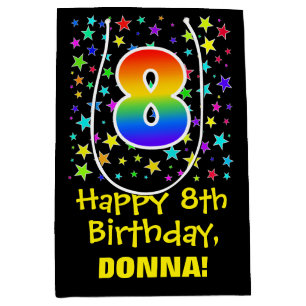 8th Birthday: Colourful Stars Pattern & Rainbow 8 Medium Gift Bag