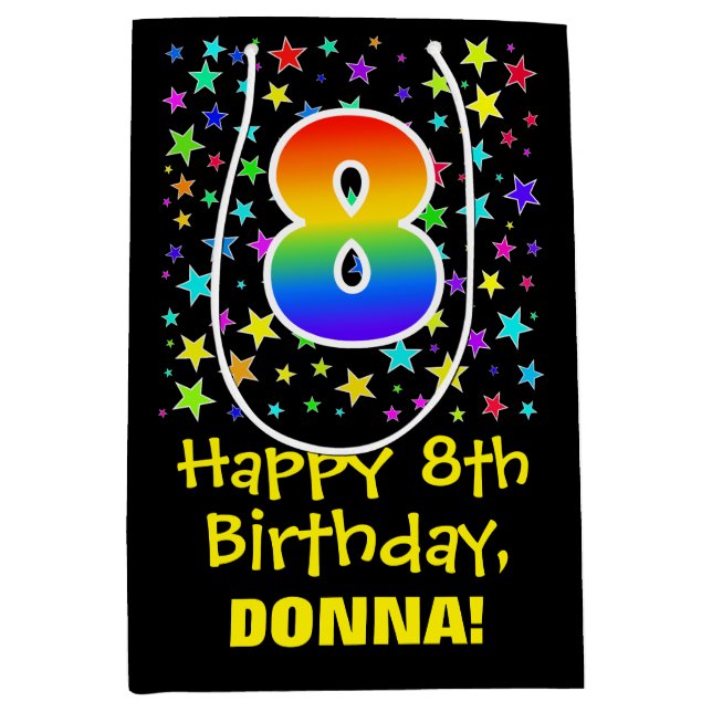 8th Birthday: Colourful Stars Pattern & Rainbow 8 Medium Gift Bag (Front)