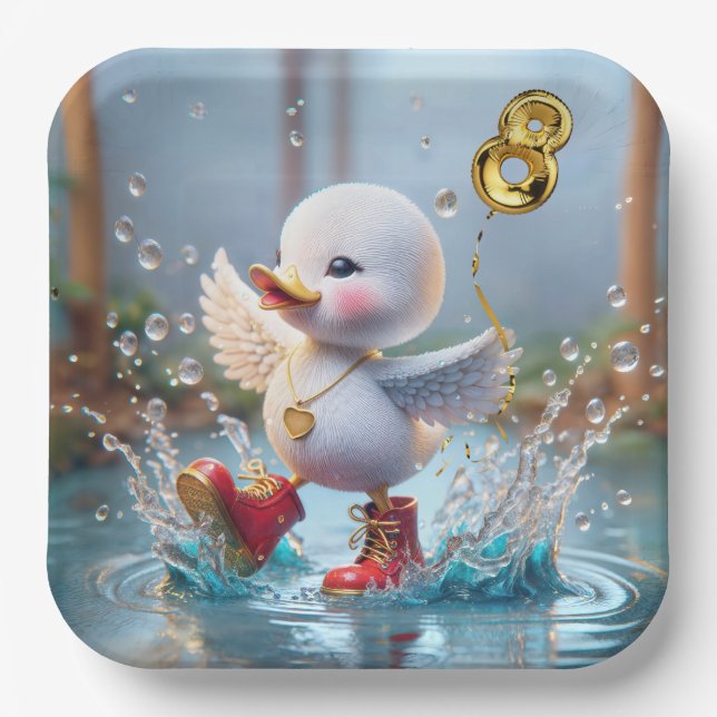 8th Birthday Duck Dancing In a Rain Puddle Paper Plate (Front)