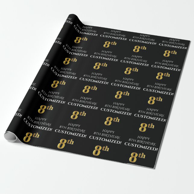 8th Birthday: Elegant, Black, Faux Gold Look Wrapping Paper (Unrolled)