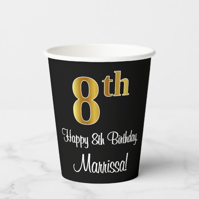 8th Birthday - Elegant Luxurious Faux Gold Look # Paper Cups (Back)