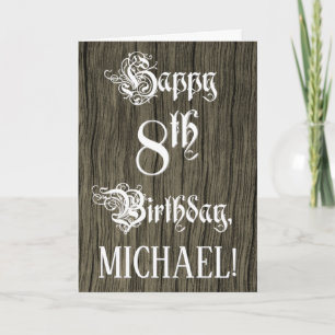 8th Birthday: Fancy, Elegant Text; Faux Wood Look  Card