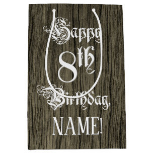 8th Birthday: Fancy, Faux Wood Look + Custom Name Medium Gift Bag