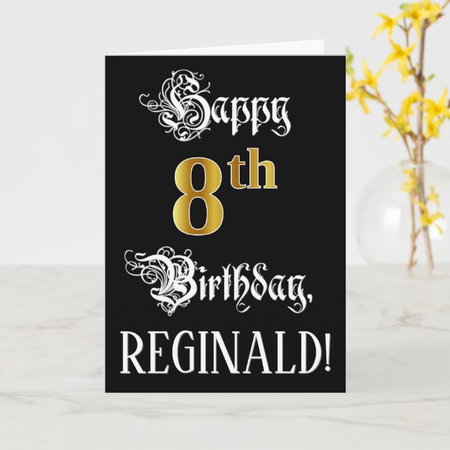 8th Birthday — Fancy Script; Faux Gold Look; Name Card (Yellow Flower)