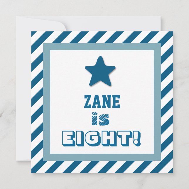 8th Birthday Festive Blue Stripes Blue Star V07 Invitation (Front)