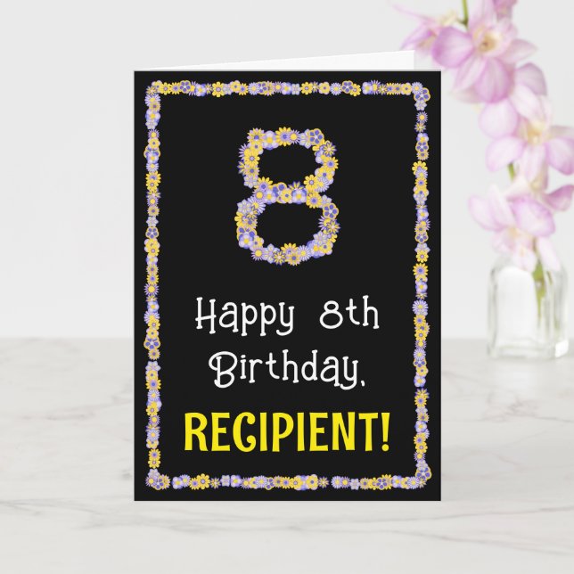 8th Birthday: Floral Flowers Number, Custom Name Card (Orchid)