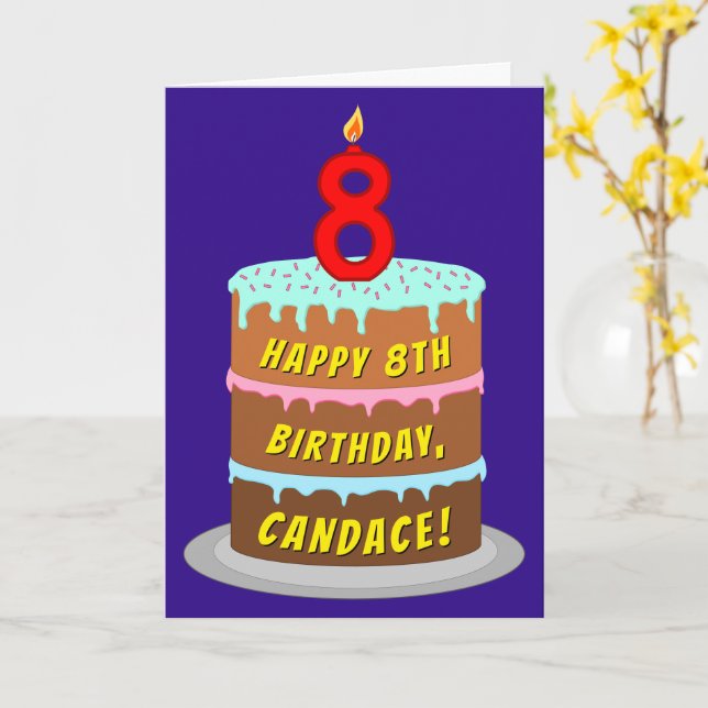 8th Birthday: Fun Cake and Candle + Custom Name Card (Yellow Flower)