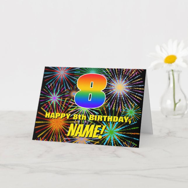 8th Birthday: Fun, Colourful Celebratory Fireworks Card (Small Plant)