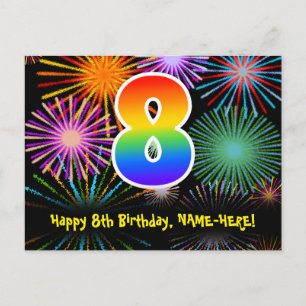 8th Birthday – Fun Fireworks Pattern + Rainbow 8 Postcard