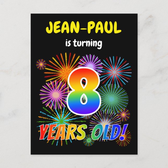 8th Birthday - Fun Fireworks, Rainbow Look "8" Postcard (Front)