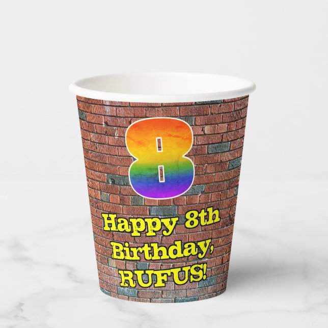 8th Birthday: Fun Graffiti-Inspired Rainbow 8 Paper Cups (Front)