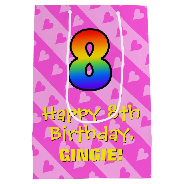 8th Birthday: Fun Pink Hearts Stripes & Rainbow 8 Medium Gift Bag (Back)