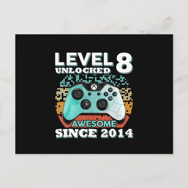 8th Birthday Gift Boys Level 8 Unlocked Gamer Postcard (Front)